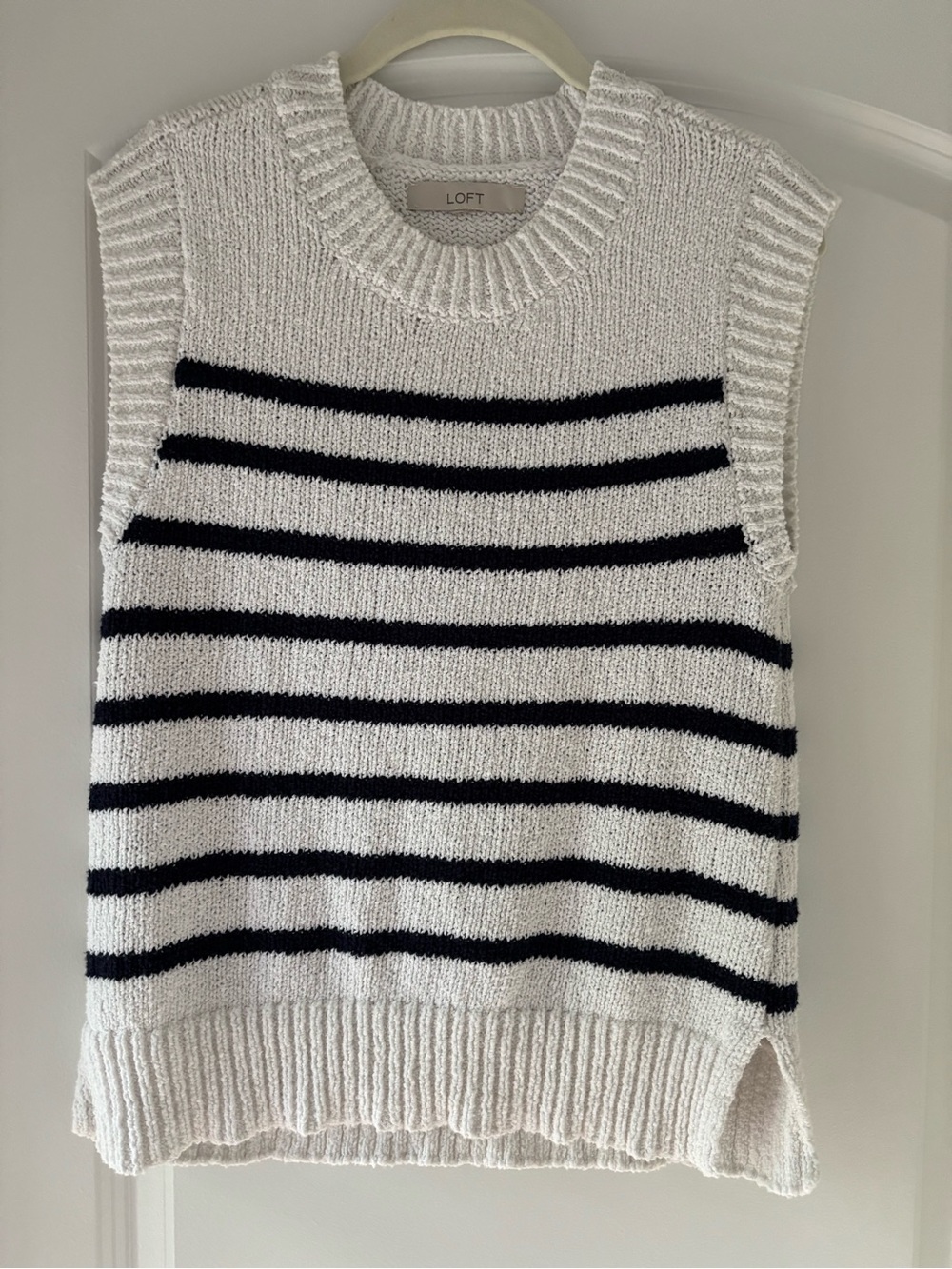 LOFT Cream Sleeveless Knit SweaterVest and Cardigan set with Navy Stripes